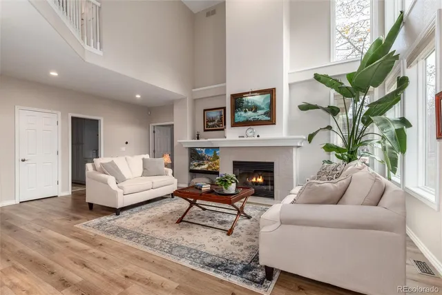 a living room with furniture fireplace and potted plant