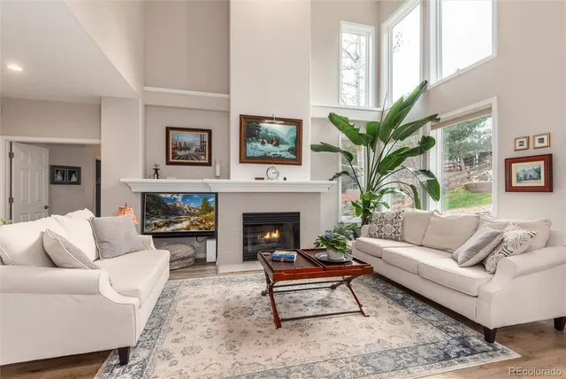 a living room with furniture a potted plant and a fireplace