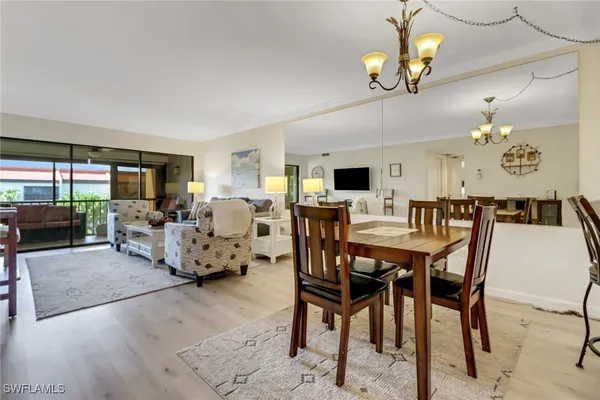 a view of a dining room with furniture wooden floor and chandelier