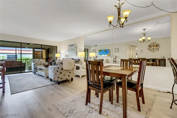 a view of a dining room with furniture wooden floor and chandelier