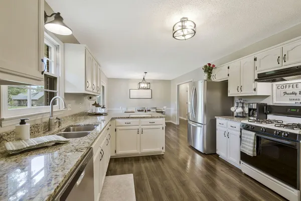 a kitchen with a sink stove and refrigerator