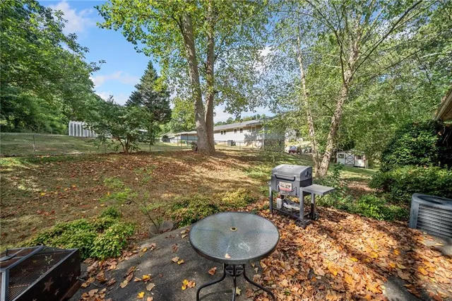 a view of a two chairs in a backyard