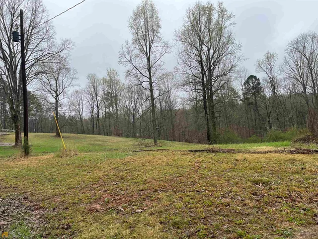 a view of a yard with a house in the background