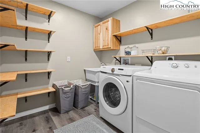 a view of balcony with wooden floor