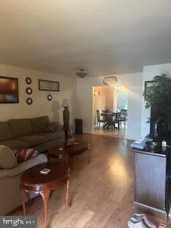 a living room with furniture and a dining table with wooden floor