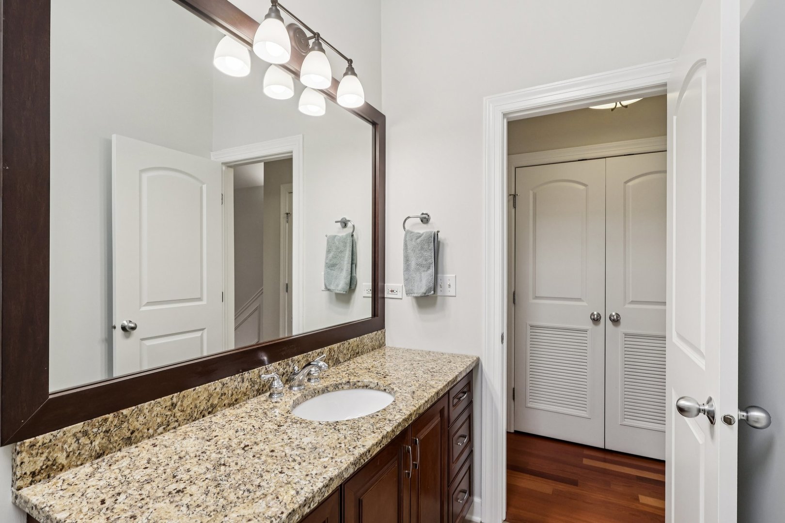 3137 North Spaulding Avenue Chicago, IL 60618 - Photo 22 of 42 a bathroom with a granite countertop sink and a mirror