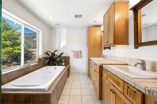 a bathroom with a tub sink and mirror