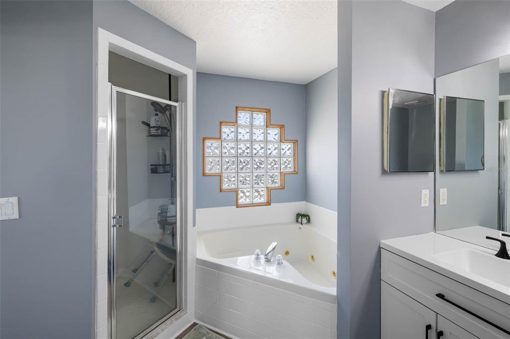 4464 Neptune Drive Hernando Beach, FL 34607 - Photo 21 of 47 a bathroom with a tub a sink and a large mirror