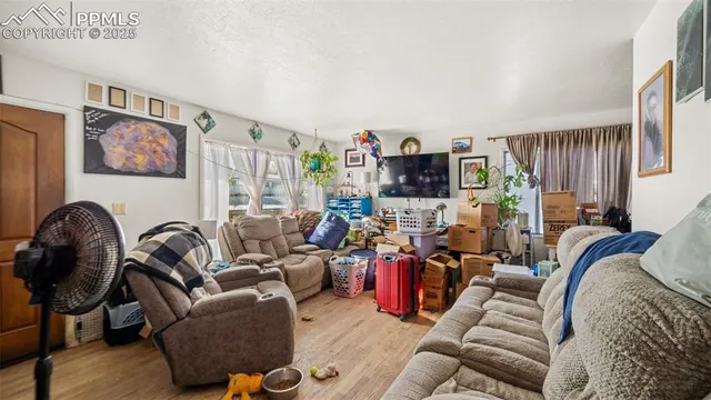 a living room with furniture a couch and a bookshelf