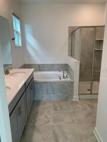 a bathroom with a tub sink and mirror