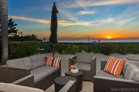 a roof deck with couches and potted plants