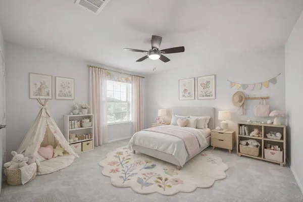 a bedroom with a bed and a couch