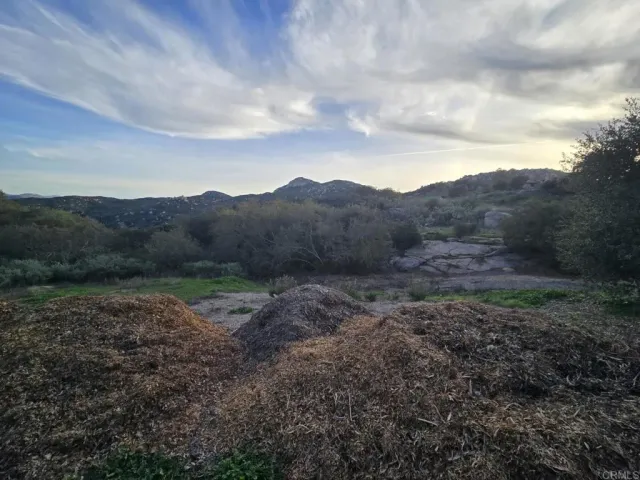 a view of a dry yard with mountains in the background