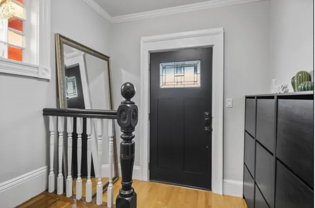 a view of a balcony from a door