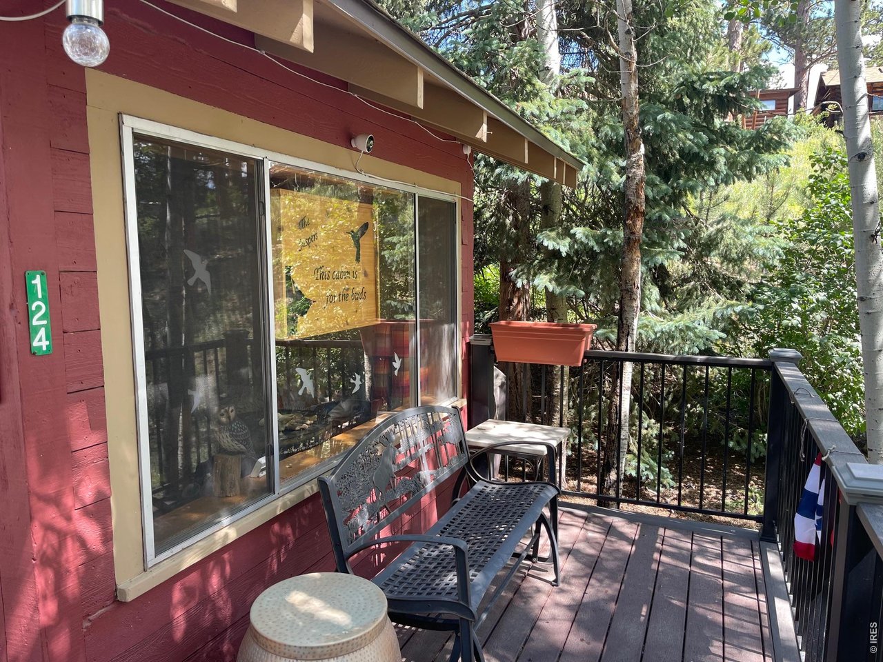 124 Ski Road Allenspark, CO 80510 - Photo 2 of 29 a view of a patio with a dining table and chairs under an umbrella with a small yard