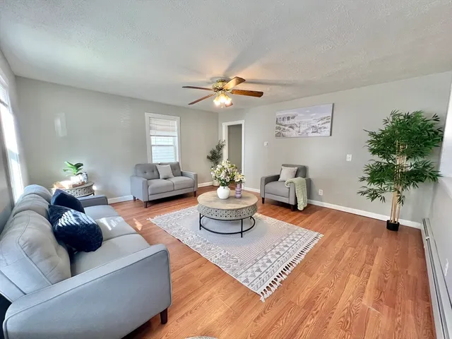 a living room with furniture and a potted plant