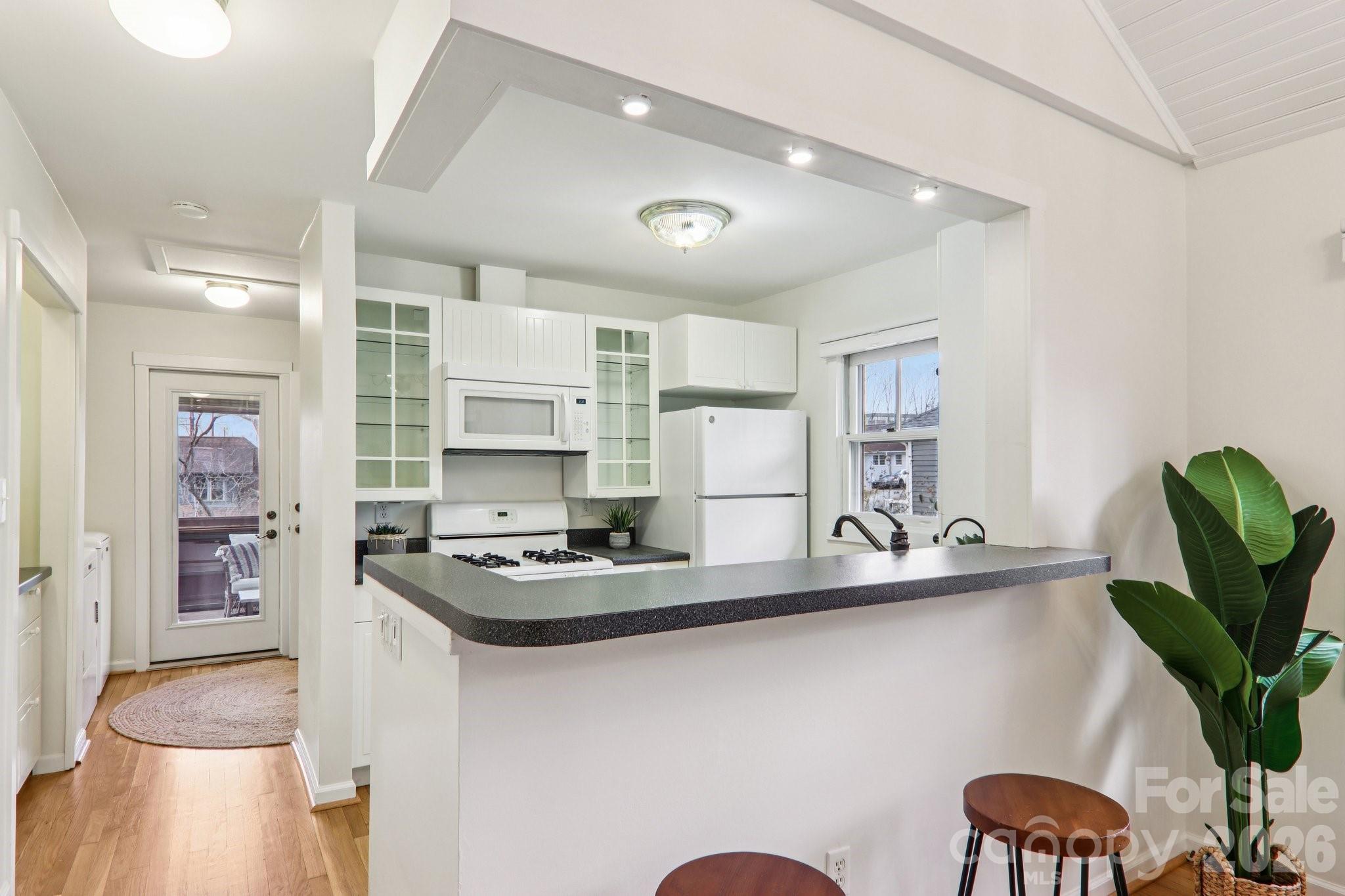 39 Short Street Asheville, NC 28801 - Photo 13 of 39 a kitchen with stainless steel appliances granite countertop a sink a stove a refrigerator cabinets and living room view