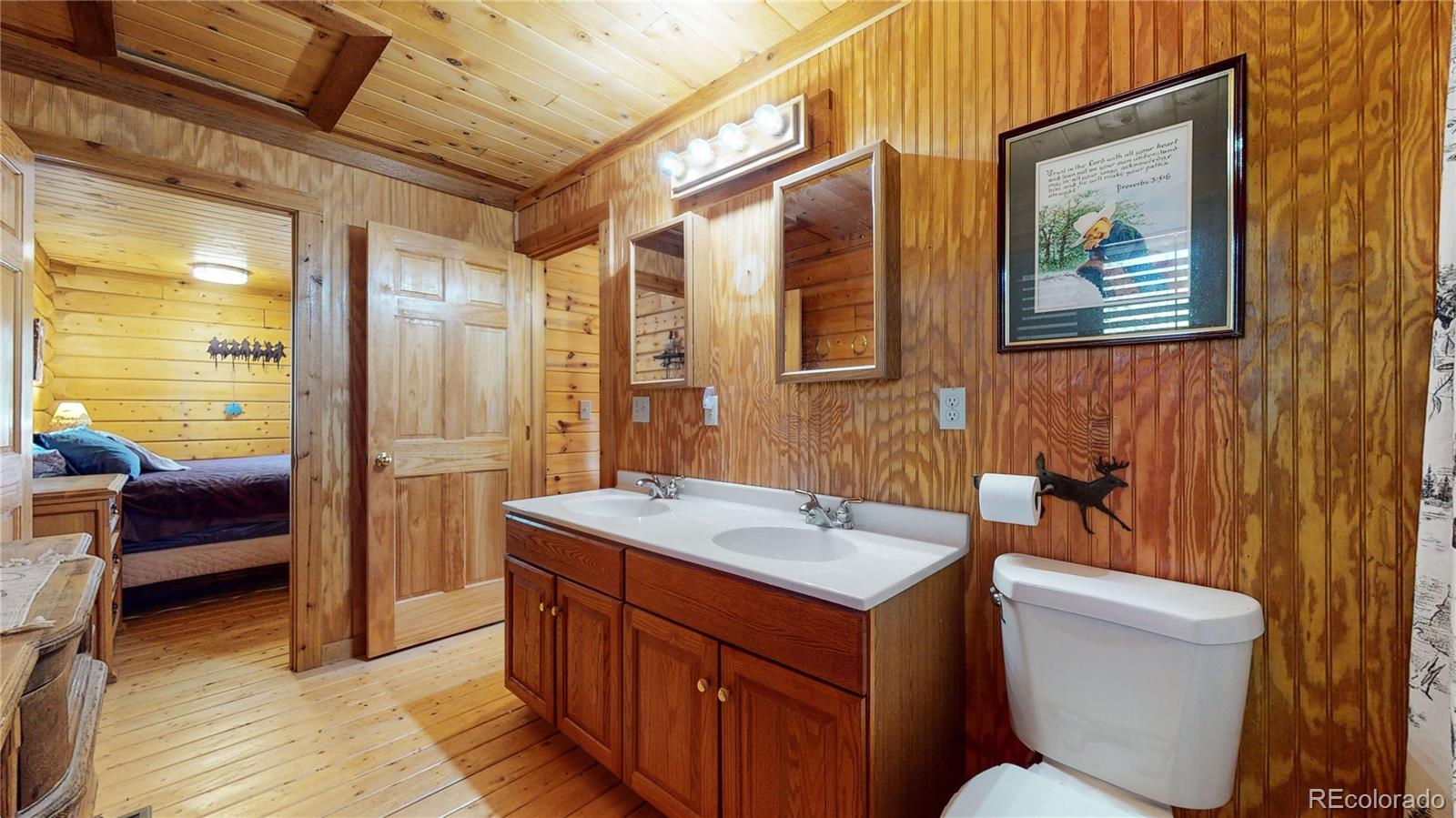 688 Beartrap Road Red Feather Lakes, CO 80545 - Photo 18 of 40 a bathroom with a toilet sink and mirror
