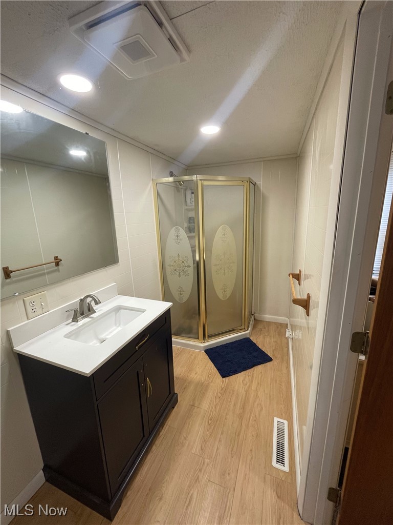 12337 Vincent Road Mount Vernon, OH 43050 - Photo 24 of 34 Bathroom featuring a shower with door, vanity, wood-type flooring, and a textured ceiling