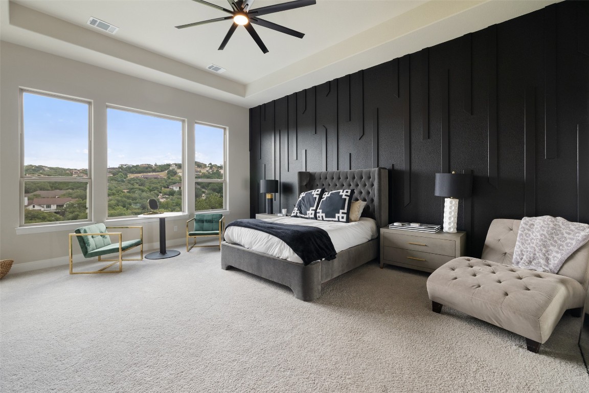 2220 Normandy View Leander, TX 78641 - Photo 23 of 40 Carpeted bedroom featuring a raised ceiling and ceiling fan