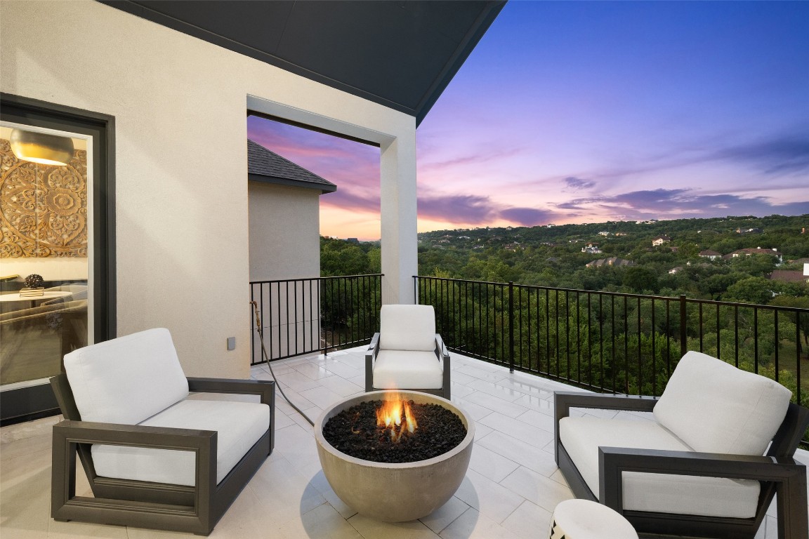 2220 Normandy View Leander, TX 78641 - Photo 8 of 40 View of patio / terrace with an outdoor living space with a fire pit and a view of trees