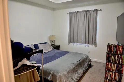 a bedroom with a bed and a book shelf