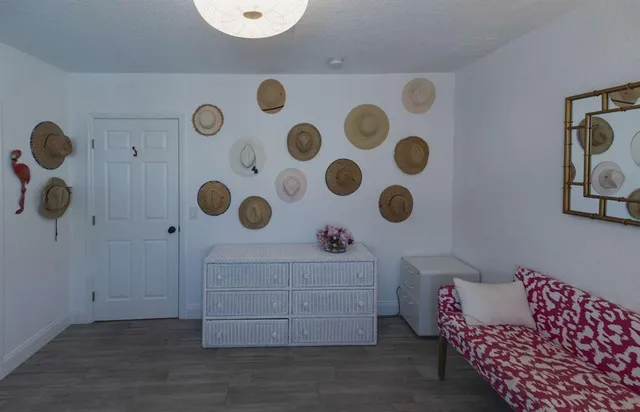 a bathroom with a mirror and shower curtain