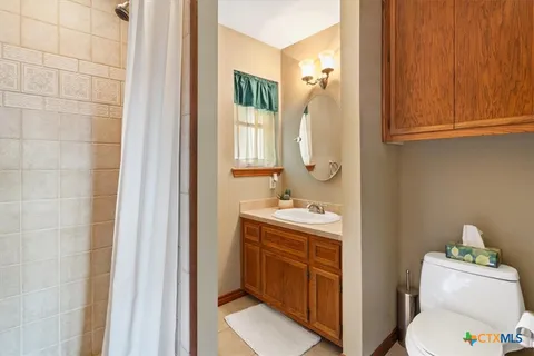 a bathroom with a sink a toilet and mirror