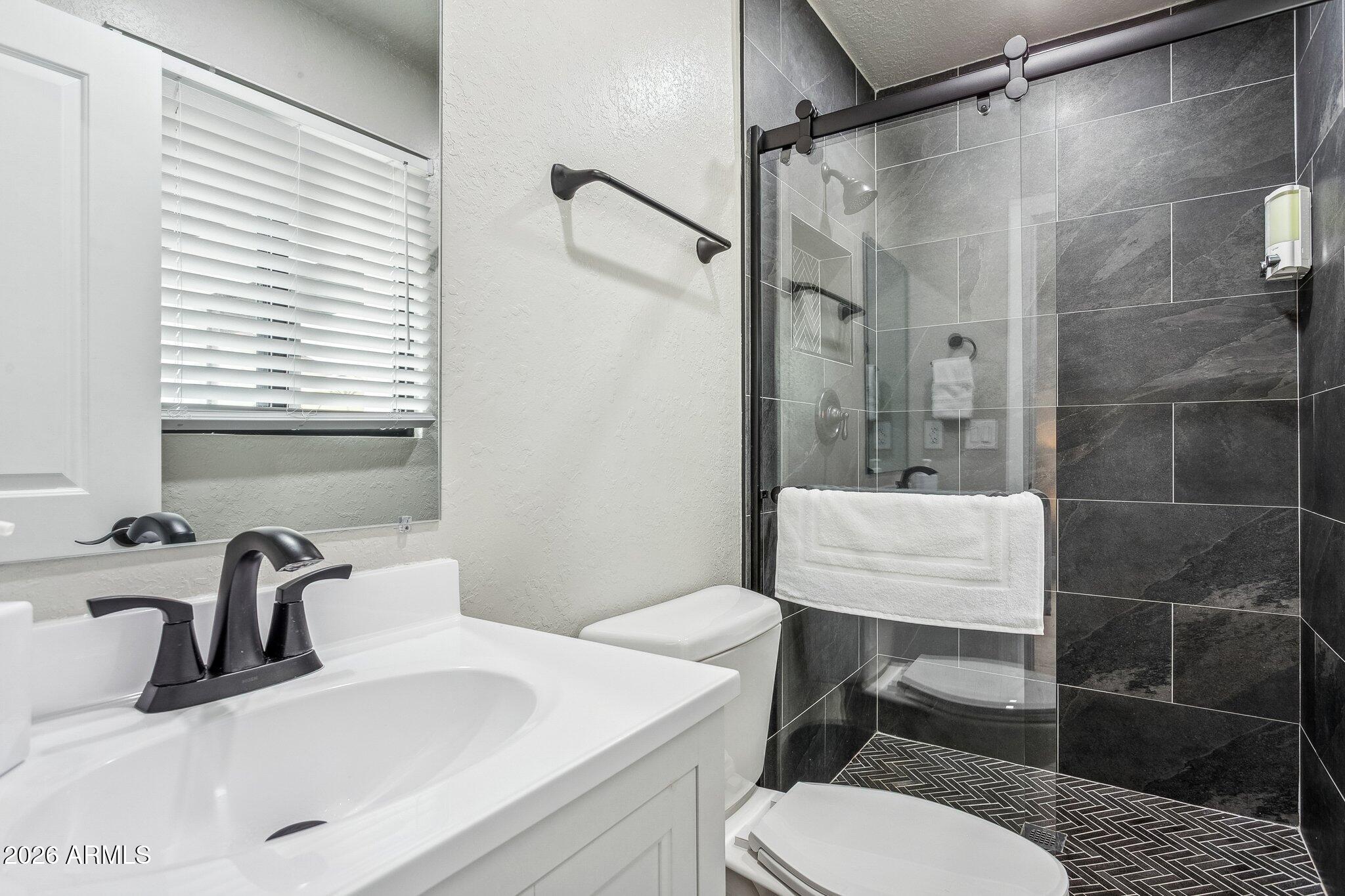 8725 East Osborn Road Scottsdale, AZ 85251 - Photo 17 of 33 a bathroom with a sink toilet a mirror and shower