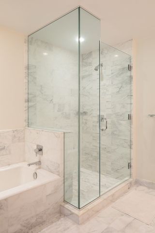 a bathroom with a bathtub and a shower