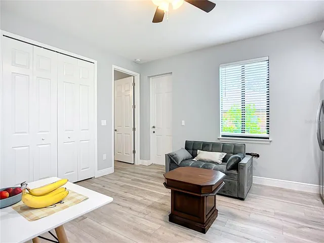 a living room with a couch and a table