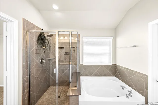 a bathroom with a bathtub and a shower