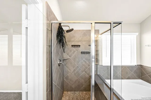 a bathroom with a shower and a tub