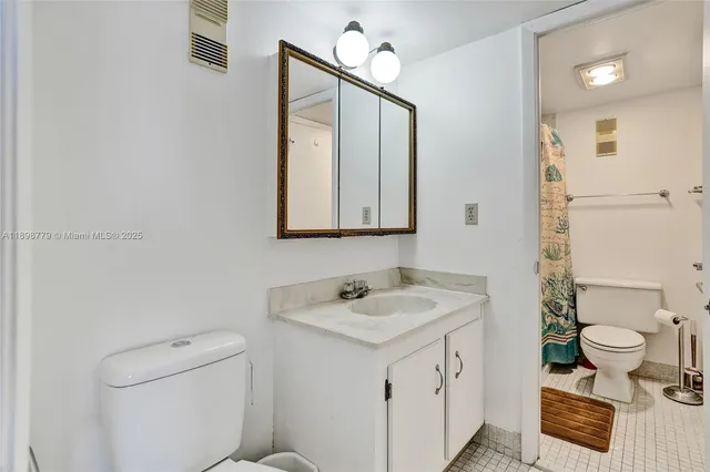 a bathroom with a sink toilet vanity and shower