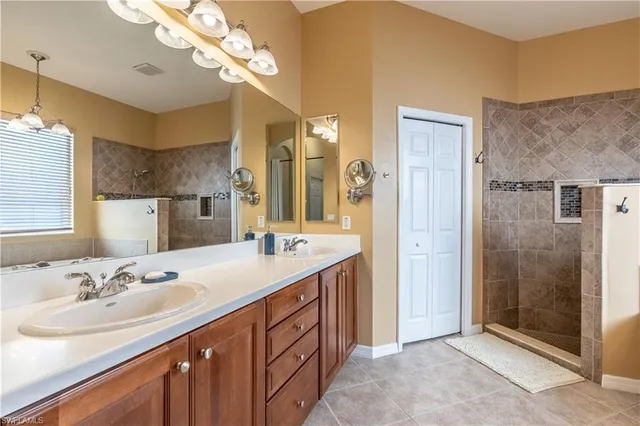 a bathroom with a sink a mirror and a shower