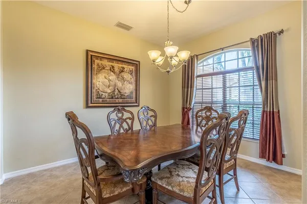 a view of a dining room with furniture window and outside view