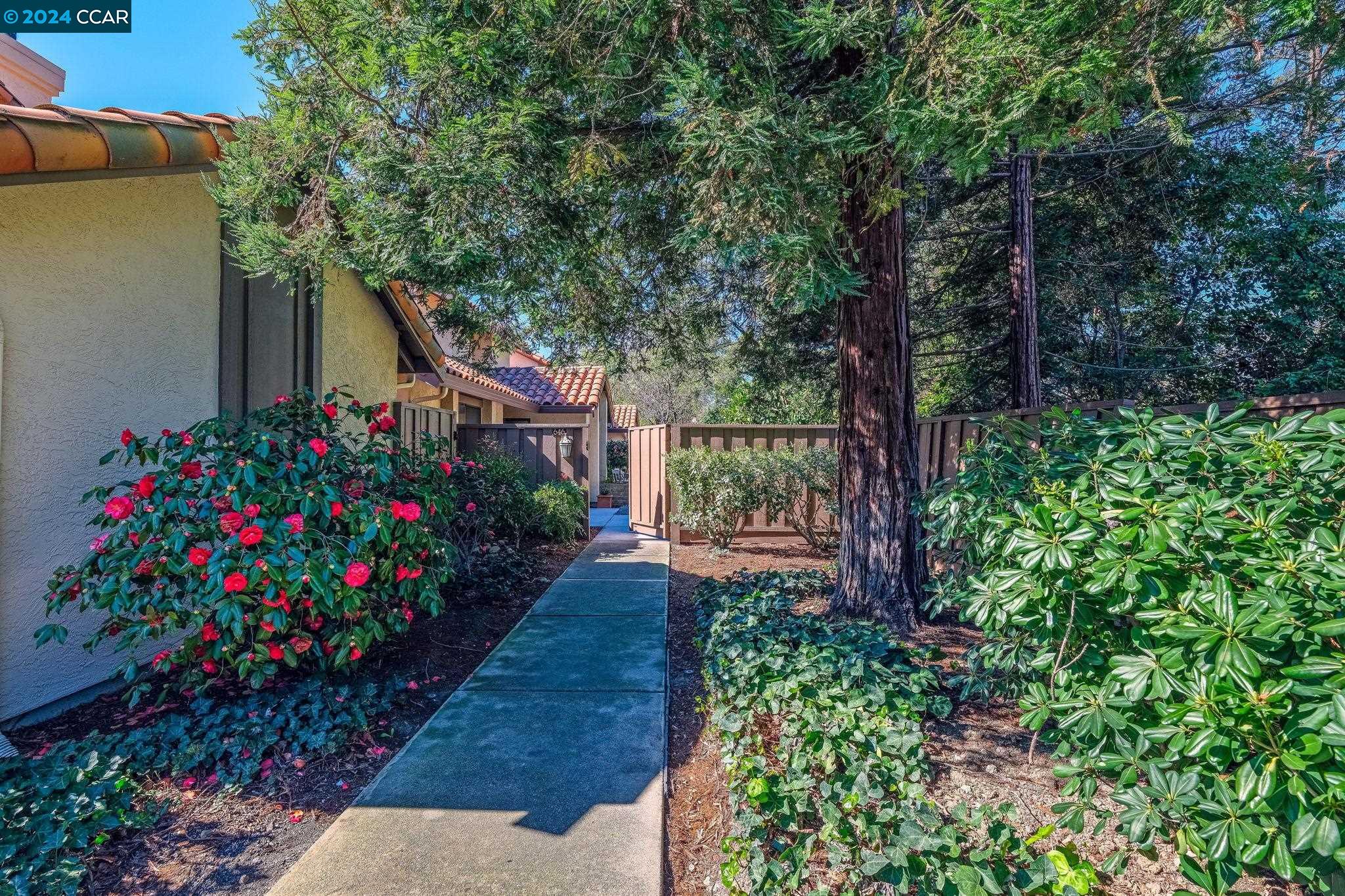 a front view of a house with a yard and fountain