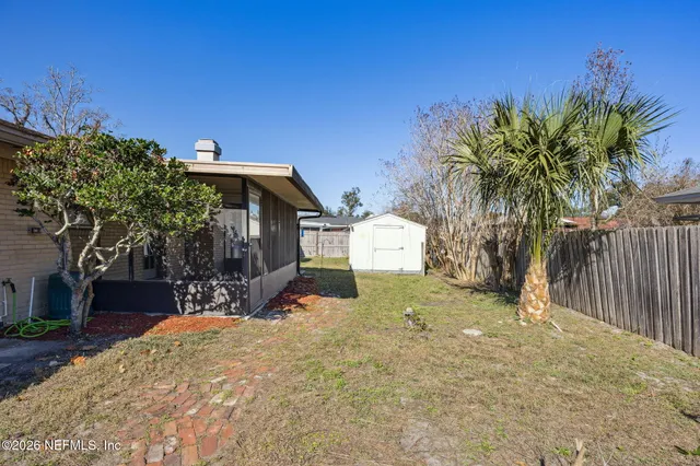 a view of a backyard with a tree