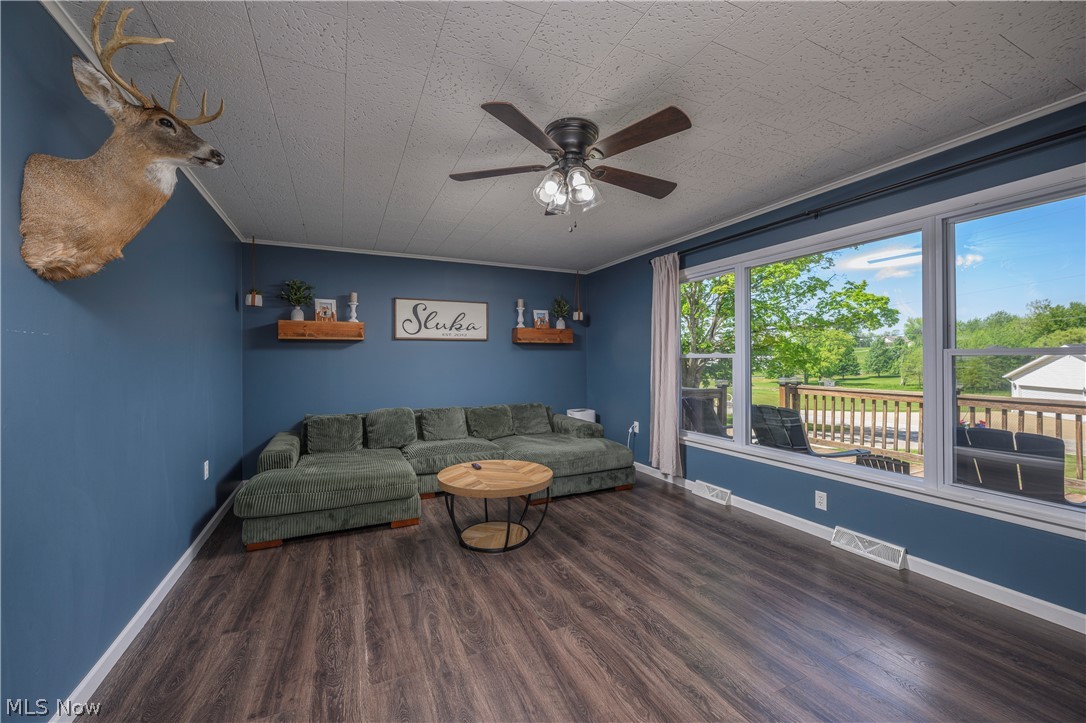 6105 Wolf Run Road Southeast Dennison, OH 44621 - Photo 15 of 35 Spacious living area featuring wood-finish flooring, a ceiling fan with light fixture, and wide windows overlooking exterior decking