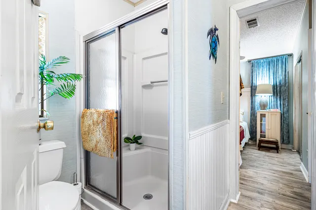 a bathroom with a shower and toilet