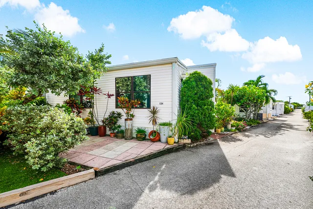 a view of a backyard with plants and a garden