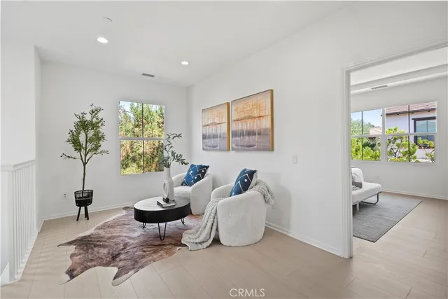 a living room with furniture and a potted plant