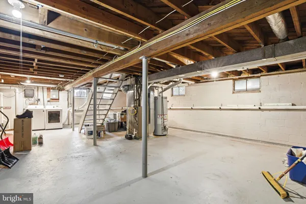 a view of a garage with wooden floor