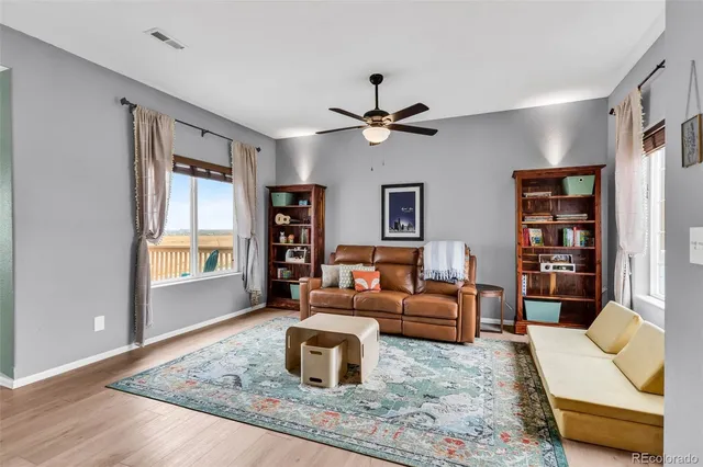 a living room with furniture a rug and a window