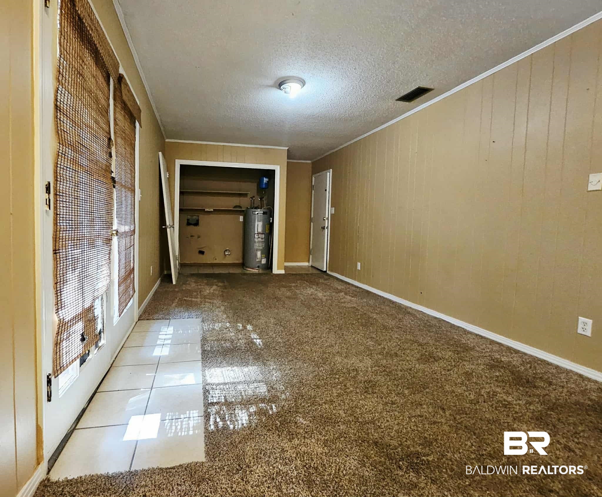 324 Vanderbilt Drive Mobile, AL 36608 - Photo 15 of 17 Empty room with crown molding, wood walls, carpet floors, water heater, and a textured ceiling