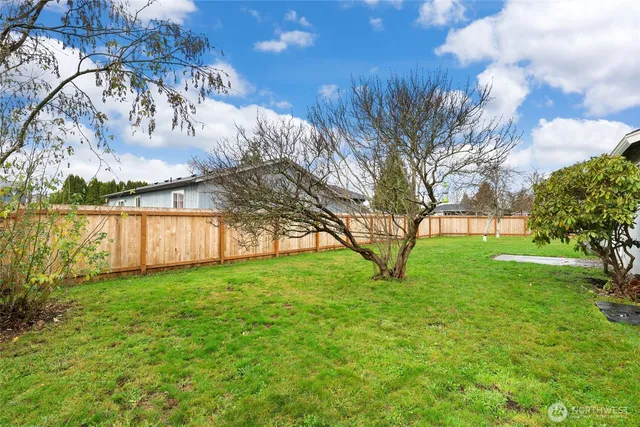 a view of yard with large tree and a wooden fence