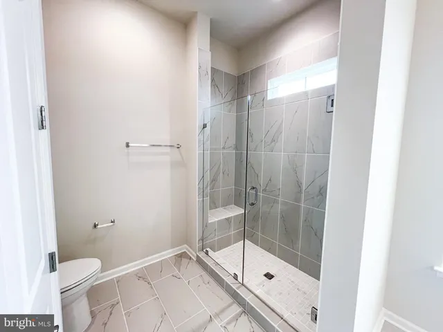 a bathroom with a shower and a toilet