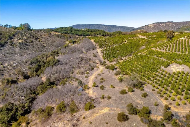 a view of a dry yard with mountains in the background
