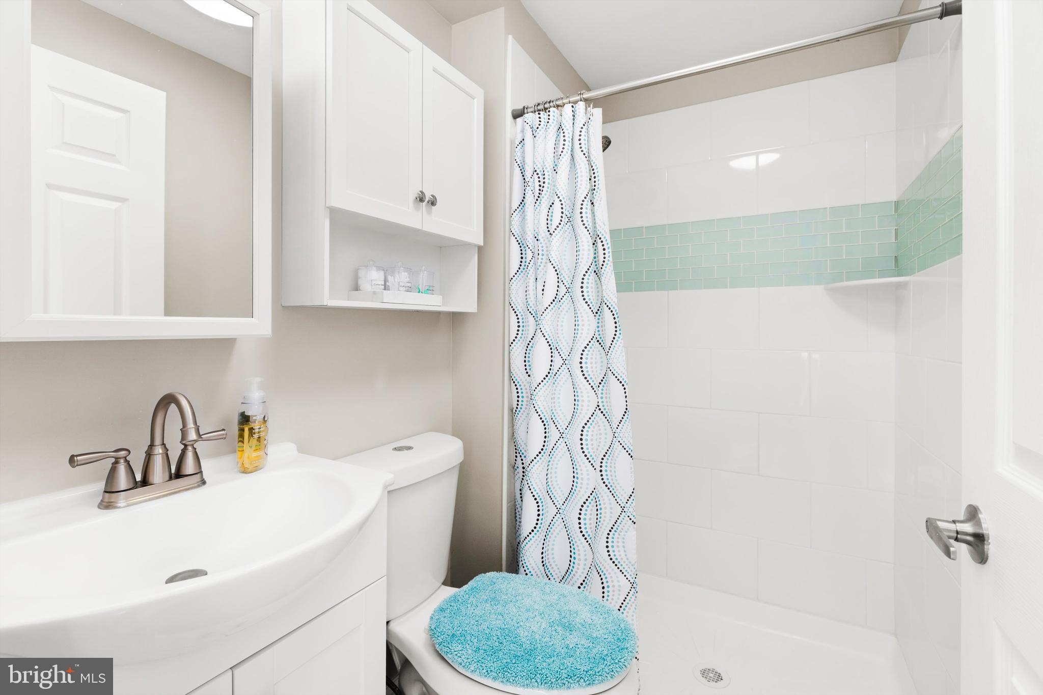 9 64th Street, Unit 304 Ocean City, MD 21842 - Photo 19 of 41 a bathroom with a sink a toilet and shower curtain