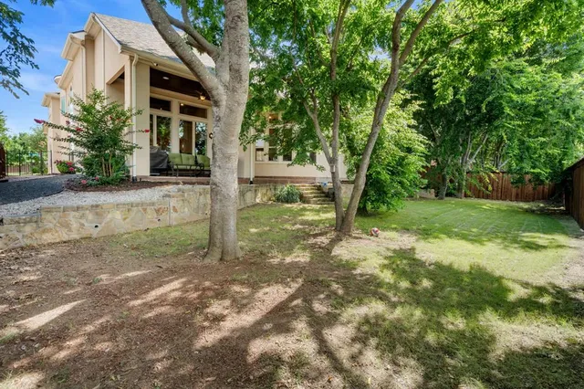 a view of a yard with plants and trees